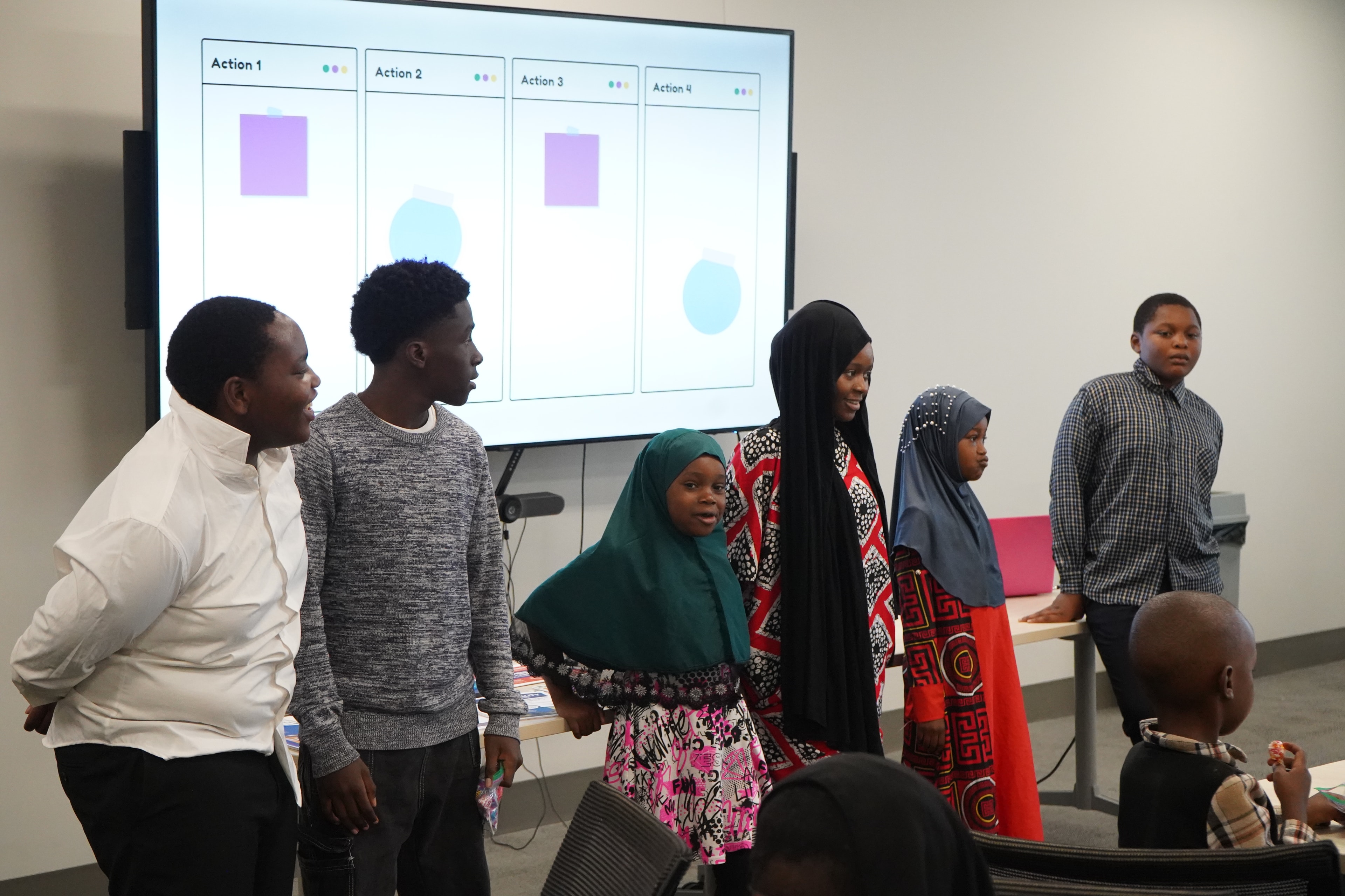 Children presenting a project on an interactive display